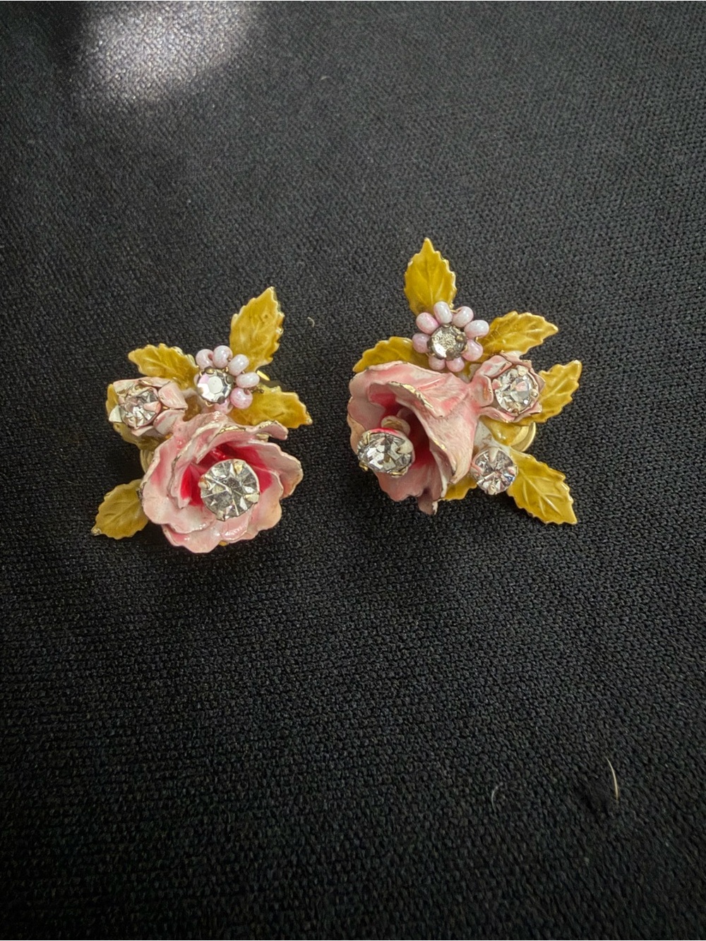 Vintage Austrian Pink Floral Crystal clip on Statement Earrings - Unbranded